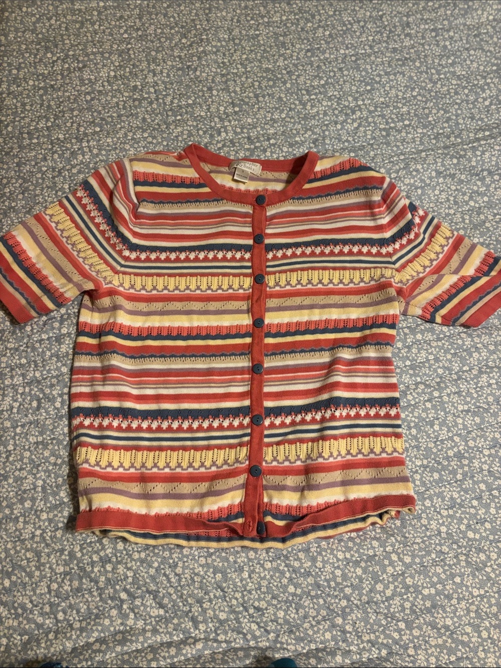 Christopher & Banks Multicolor Striped Short Sleeve Cardigan - Red Trim